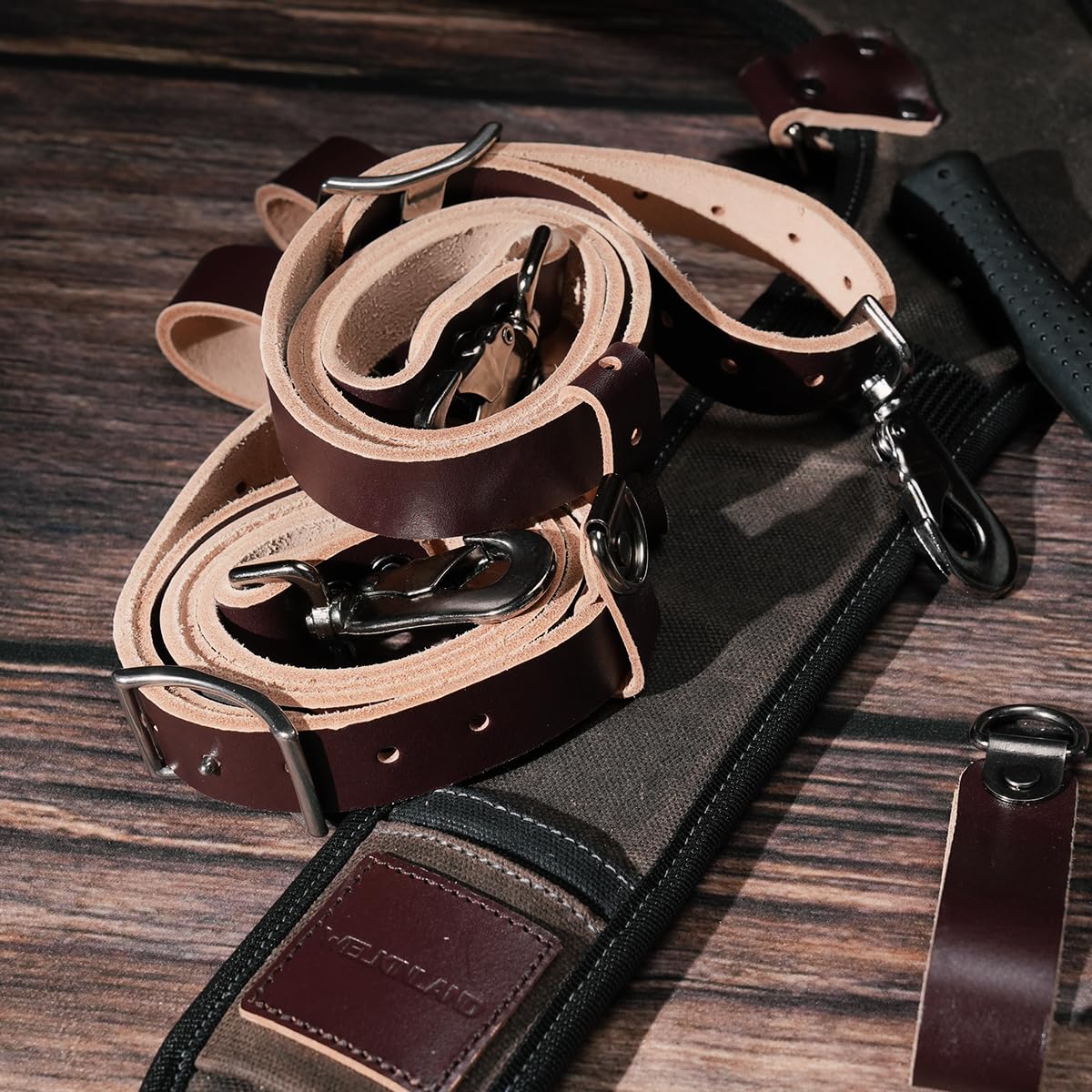 WELKINLAND Top-Grain Tool Belt Suspenders, Heavy-Duty Tool Belt Suspender For Men, Comfy Padded Tool Belts Suspenders, Adjustable Extra-Thick Leather Tools Belt Suspenders For Men