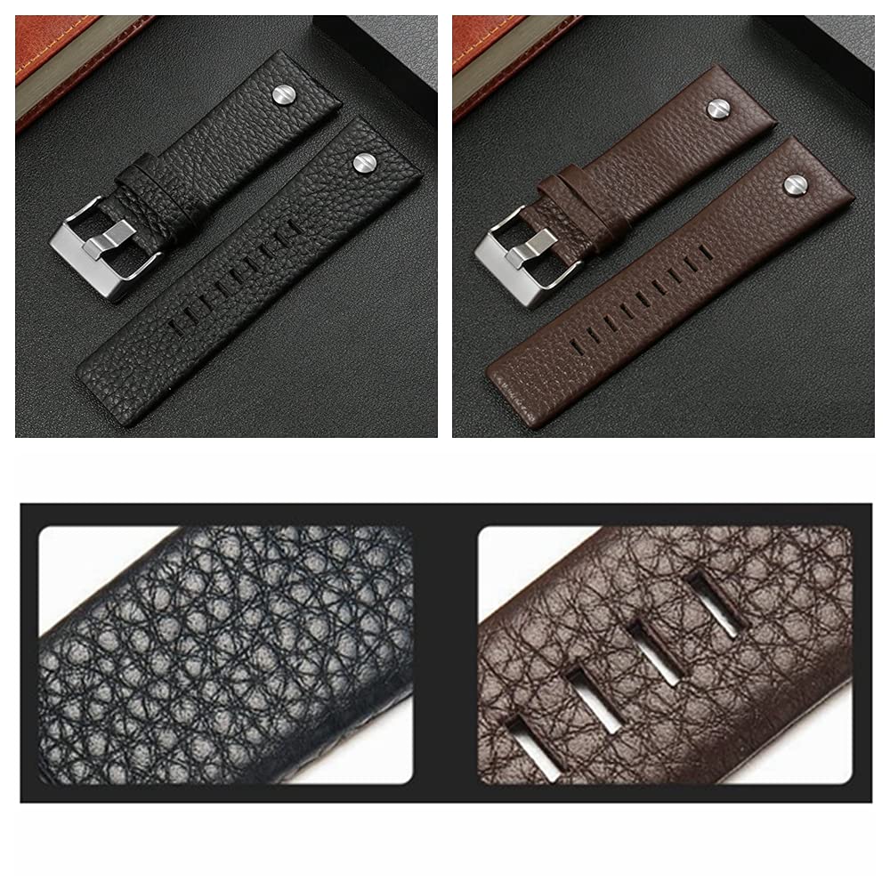Adwoa Genuine Leather Replacement Straps Compatible for Men's 24mm 26mm 28mm Spring Bar Diesel Leather Watch Band Strap with Stainless Steel Buckle