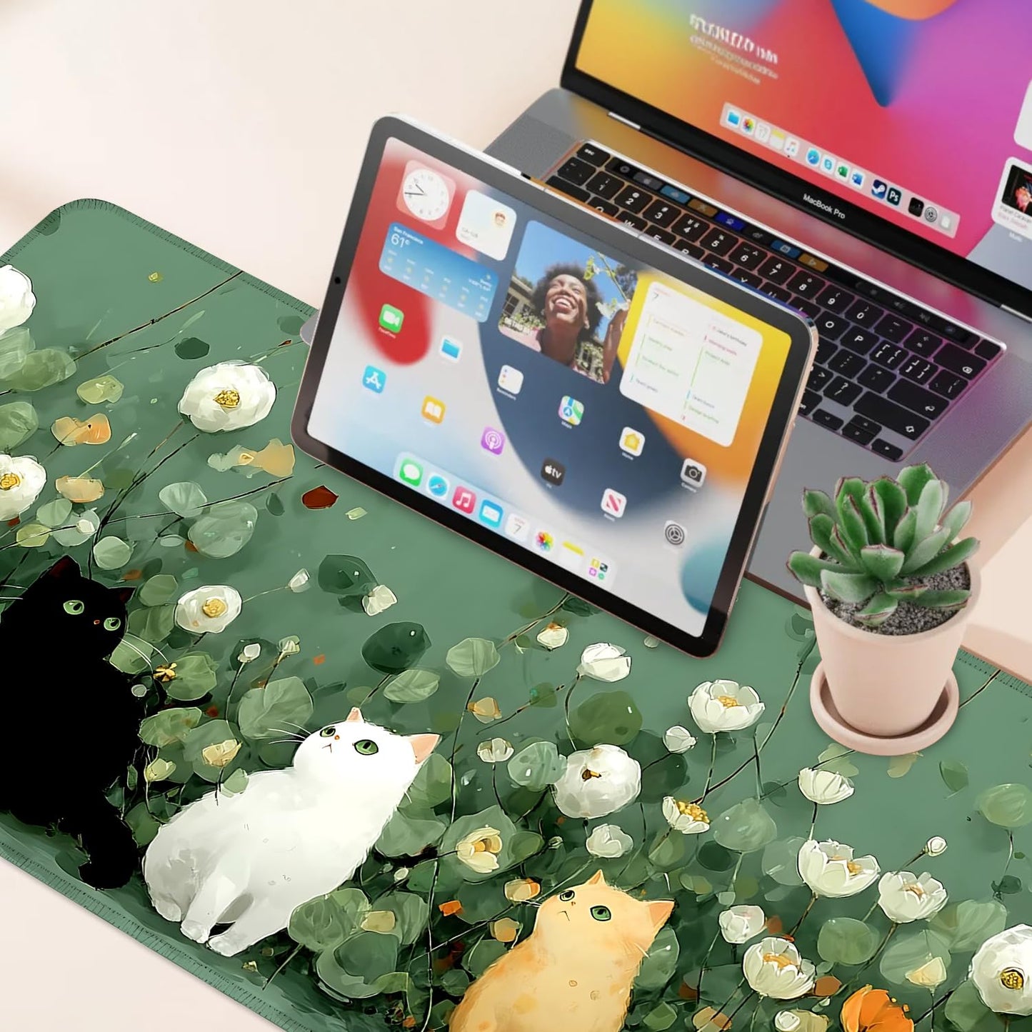 Desk Mat, XXL Extended Gaming Pad for Desktop, 31x12 Inches Floral Cats Three Kittens with Flowers, Large Non-Slip Vegan Leather Surface with Stitched Edges, Keyboard Mouse Mat for Home Office
