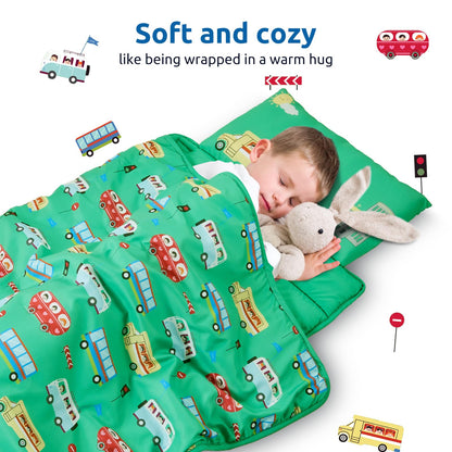 Safotad Toddler Nap Mat with Pillow and Blanket, Soft Sleeping Bag for Kids Boys and Girls, Slumber Bags Kids for Preschool, Daycare, Travel, Camping, 54" x 33" Great for Ages 3-6(Green)