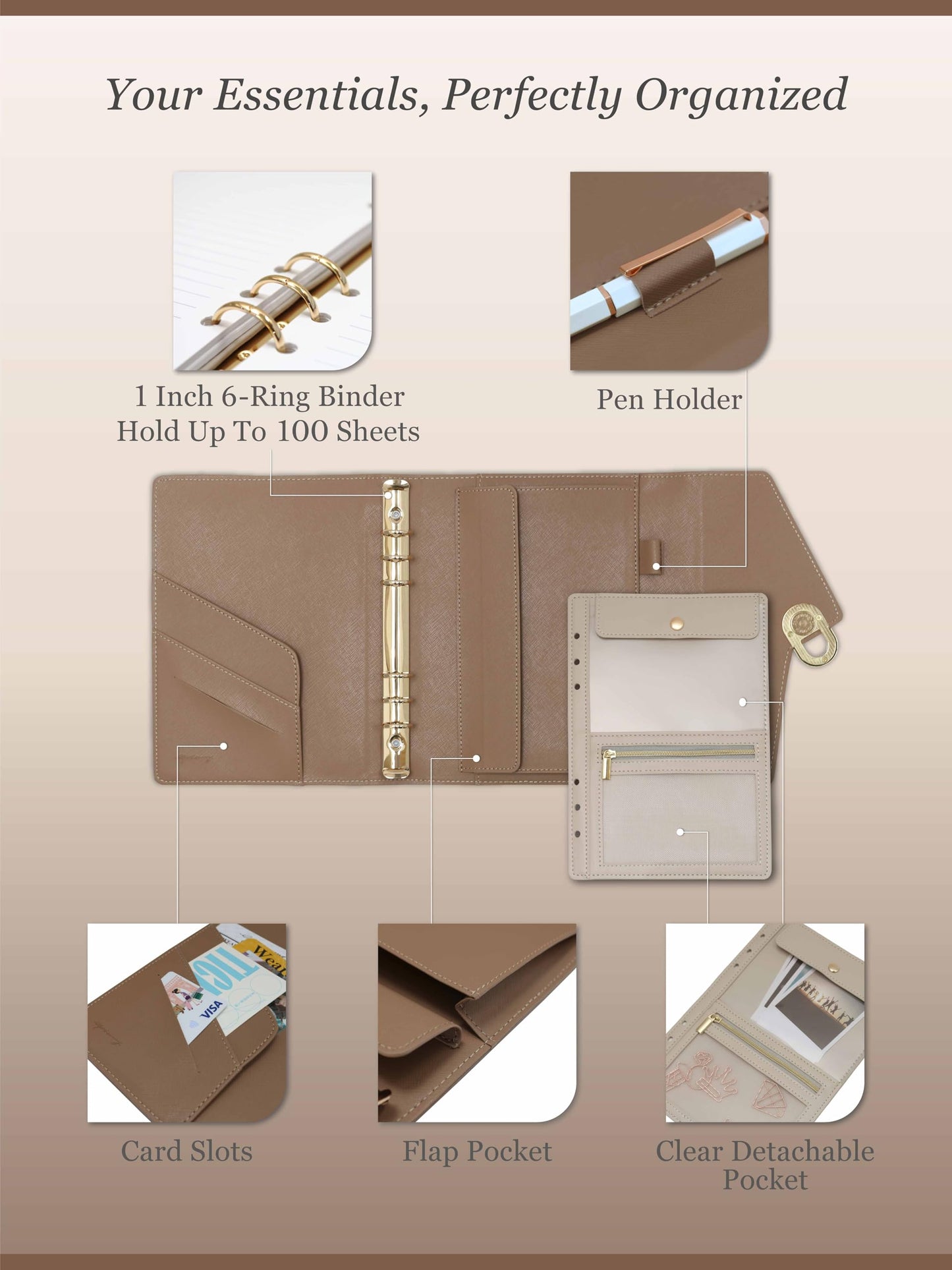 EGOSUNNY Lightning A5 PU Leather Planner 5.8" x 8.3", Refillable 6-Ring Binder with 80 Sheets, Dividers & Removable Zip Pouch – Stylish Organizer for Work & Everyday Use