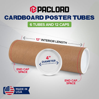 4" x 12" Reinforced Kraft Paper Mailing Tube, Pack of 6 Tubes with 12 Caps – Secure USPS Approved Poster Tube – Made in USA Cardboard Tube for Shipping and Storing Posters, Prints, Artwork