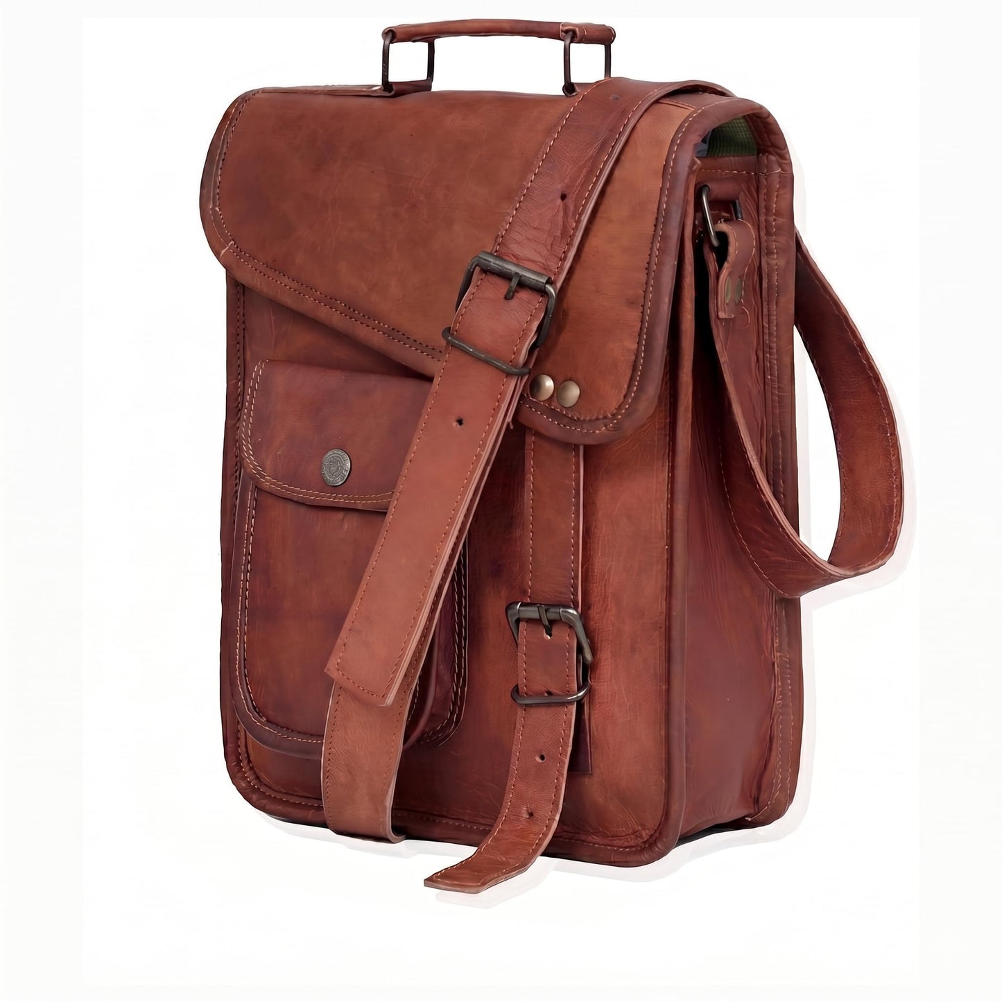 18" leather satchel tablet bag laptop case office briefcase messenger gift for men computer distressed shoulder bag