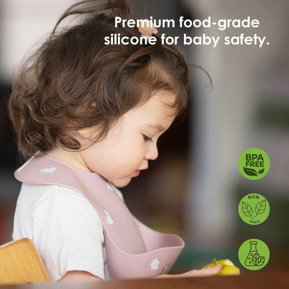 ROCCED Baby Silicone Bibs 2 Sets Baby Bibs with Food Catcher for Girls Boys Toddlers BPA Free Waterproof Soft Durable Adjustable for Babies-Shifting Sand/Pale Mauve