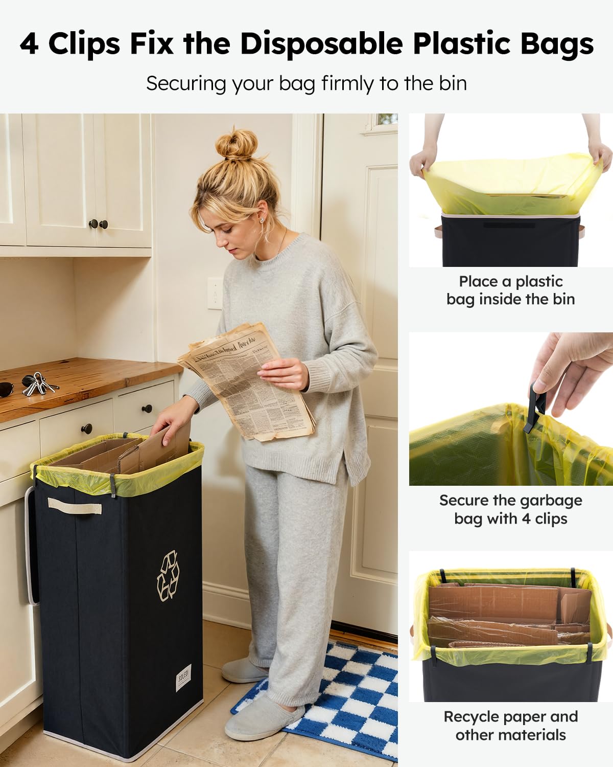 SOLEDI Recycle Bins for Kitchen,26 Gallon Recycling Bin with Lid and 2 Removeable Reusable Inner Bags,Indoor Recycling Trash Can for Collector of Bottles Cans, and Plastic,Black