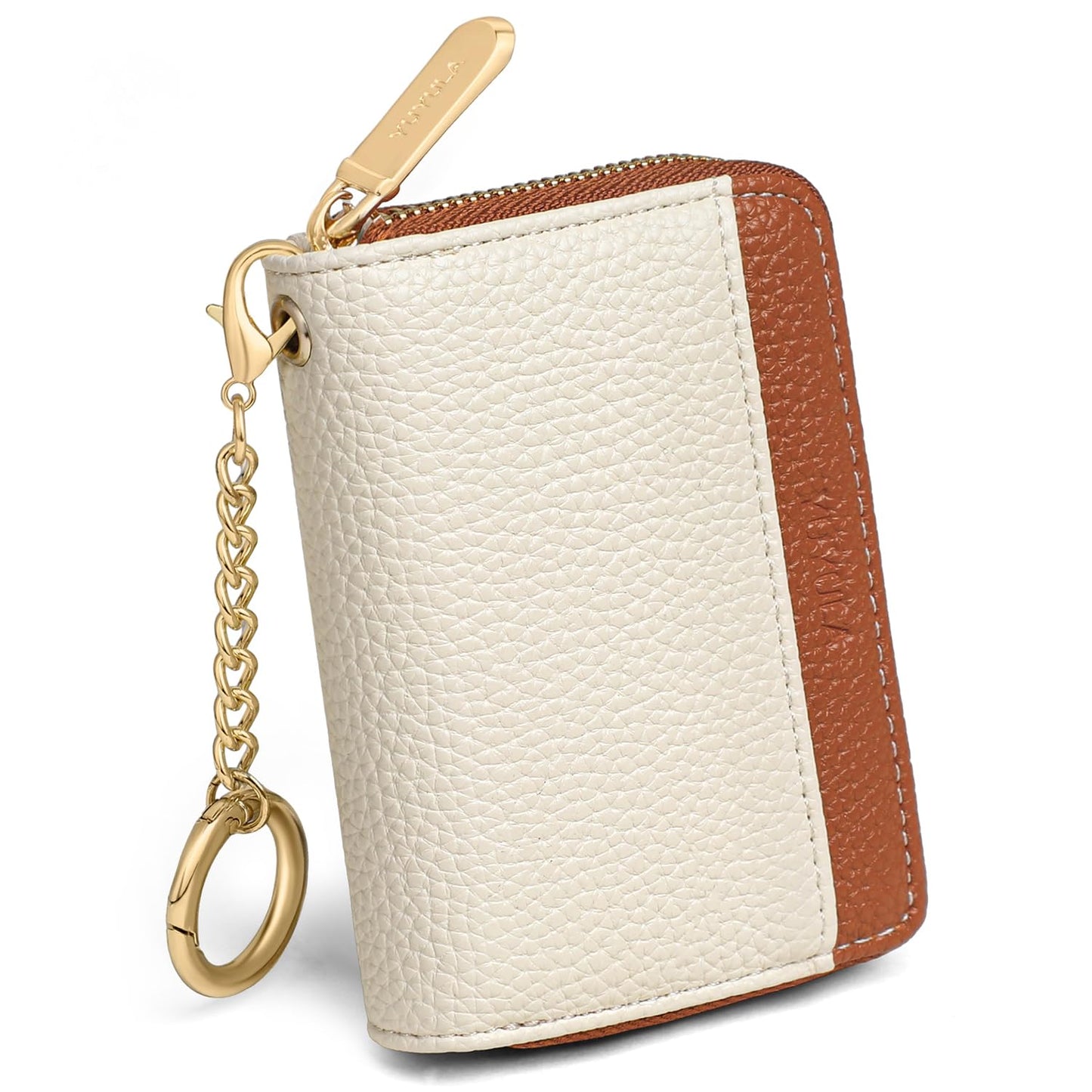 YUYULA Lether Women Credit Card Wallet, Zipper Business Card Holder for Women, RFID Blocking, KeyChain Wallet (Beige With Brown)