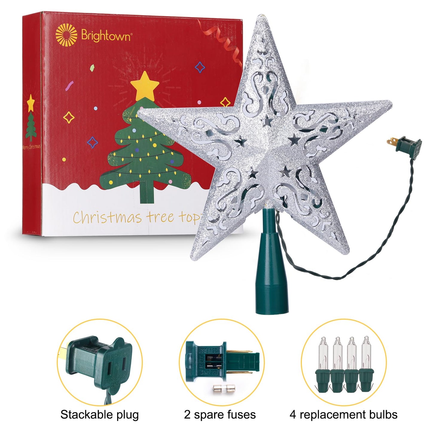 8" Silver Glittered Hollow Christmas Star Tree Topper with Built-in 10-Bulb String Lights and 2 Fuses for Holiday Decor, Green Base