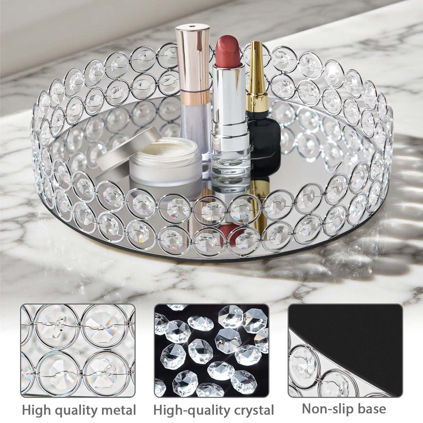 KEHAIL 2 Pcs Silver 10" Round Metal Mirror Crystal Tray – Vanity Tray for Makeup, Perfume, Jewelry & Dessert Display, Elegant Decorative Serveware, Christmas & Birthday Gift