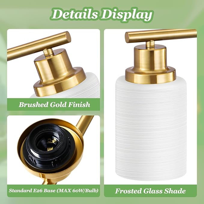 5-Light Vanity Lights, Brushed Gold Bathroom Light Fixture with Striped Textured Milky White Glass Shade, E26 Modern Vanity Lighting Fixture for Bathroom Wall Sconce Light Over Mirror