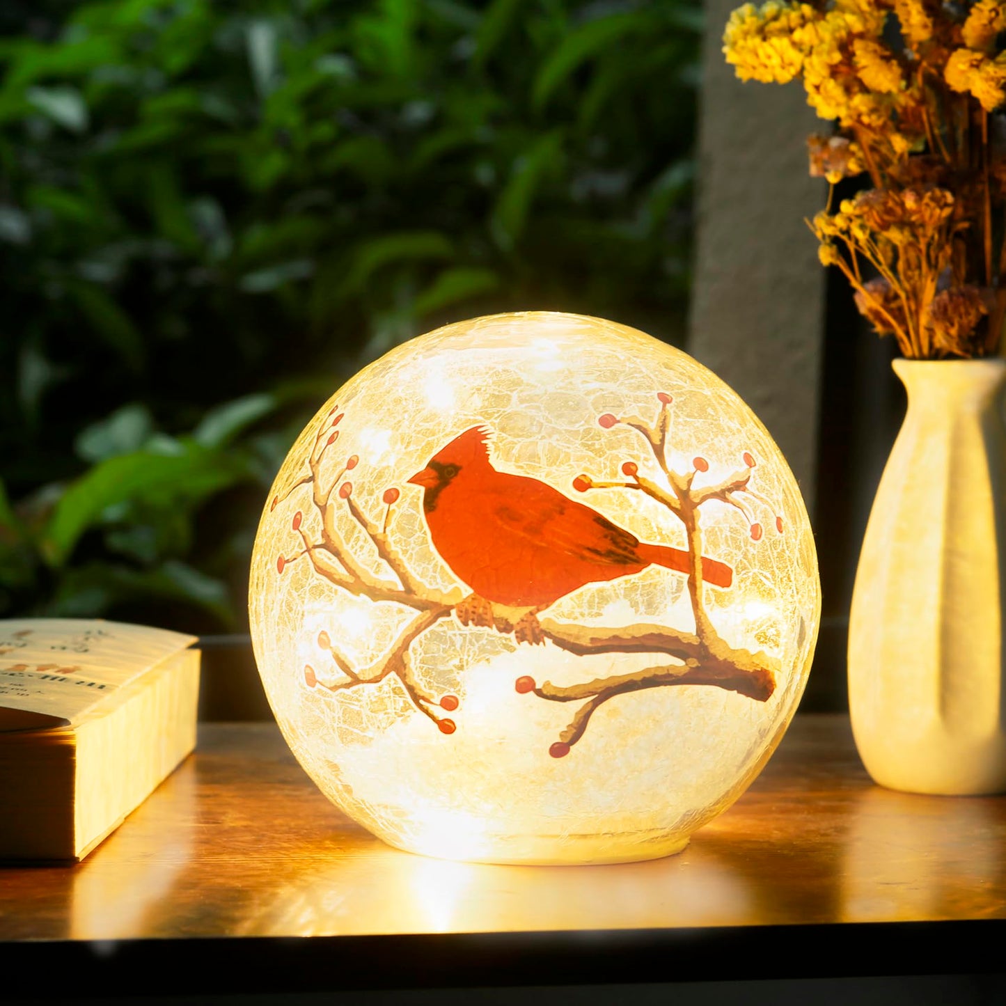 Crackle Glass Ball Cardinal Lamp With Timer - Light Up Red Bird Stained Glass Christmas Decor Accent - Orb Night Light LED Sphere Desk Globe Table Lamp