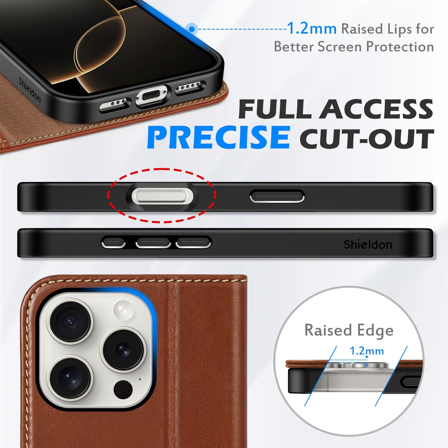 SHIELDON Wallet Case for iPhone 16 Pro 6.3" 2024, Genuine Leather Folio Magnetic Closure RFID Blocking Card Holder Kickstand Full Protection Phone Case Compatible with iPhone 16 Pro - Retro Brown
