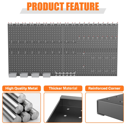 TORACK Garage Tools Organizer Boards Kit with Hooks, Modular Wall-Mounted Tool Storage Pegboard for Workbench(Black, 4 Panels with Hooks)