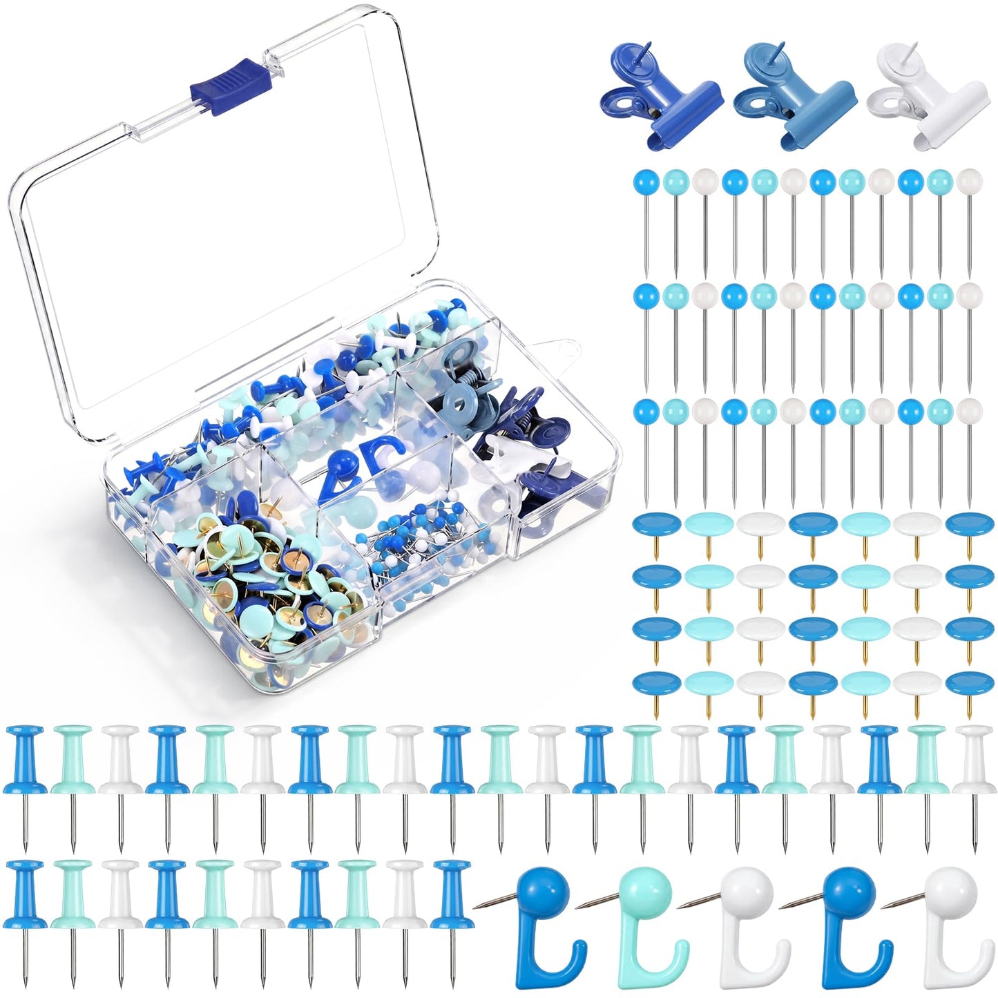 wearage 360 Pcs Push Pins Set with Storage Box, Thumb Tacks Decorative 5 Style Push Pins Kit for Cork Board Bulletin Board Map Notes Home Photos Wall Office Supplies (Blue White)