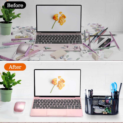 Byjoph Black Mesh Pen Holder Desk Organizer Cute Office Supplies Pencil and Marker Organizers Oval Desk Caddy with 8 Compartments and 1 Drawer Workspace Accessories for Office School Home