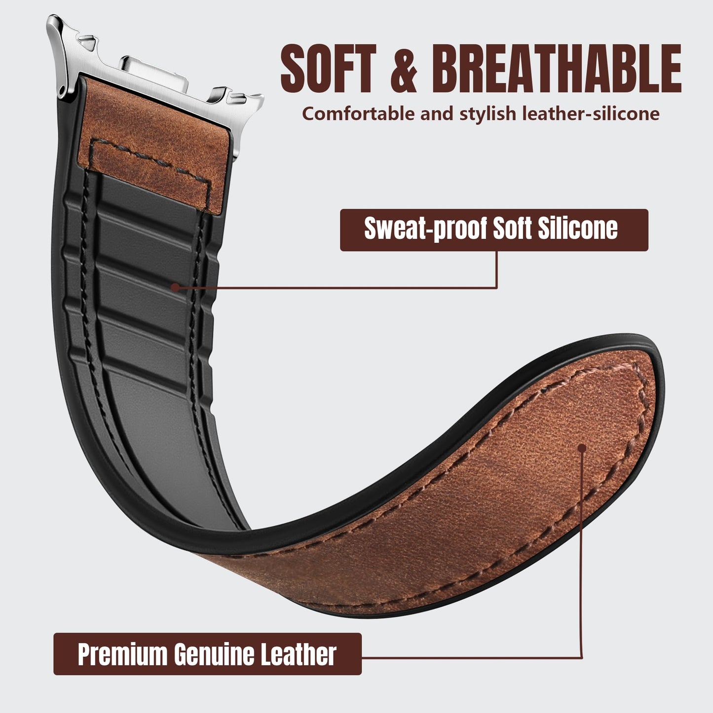 Charlam Magnetic Leather Bands Compatible with Galaxy Watch 8 Band 40mm 44mm, Galaxy Watch 8 Classic Band 46mm, Genuine Leather No Gap Replacement Straps for Samsung Watch 8 Bands Men Women, Brown