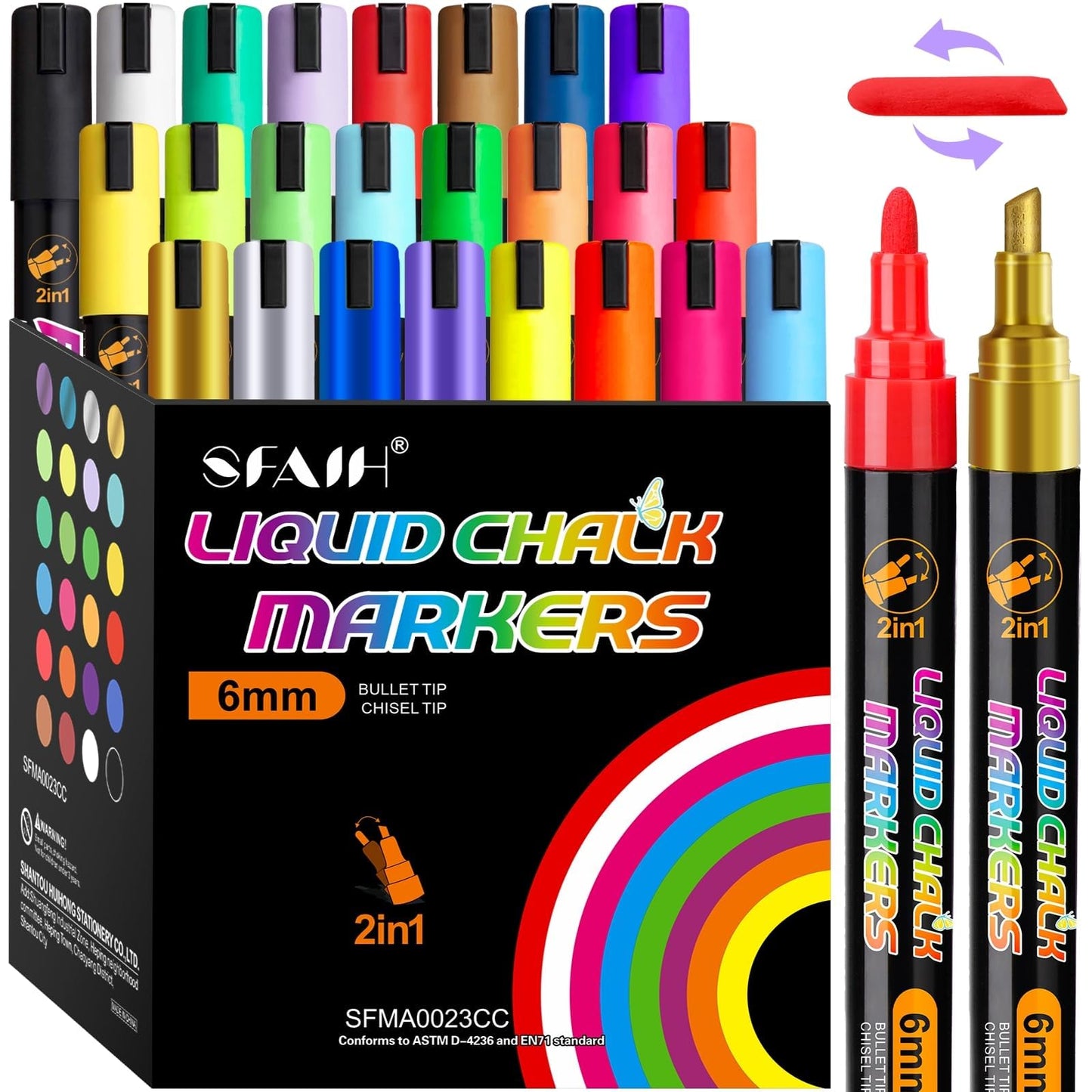 SFAIH 24 Vibrant Chalk Markers for Blackboard [1s Wet Wipe] - No Residue, 6mm Chalk Markers for Chalkboard Calendar, Glass, Window, Menus, Labels, Signs, Car, Non-Toxic, Ideal for Bistro Home