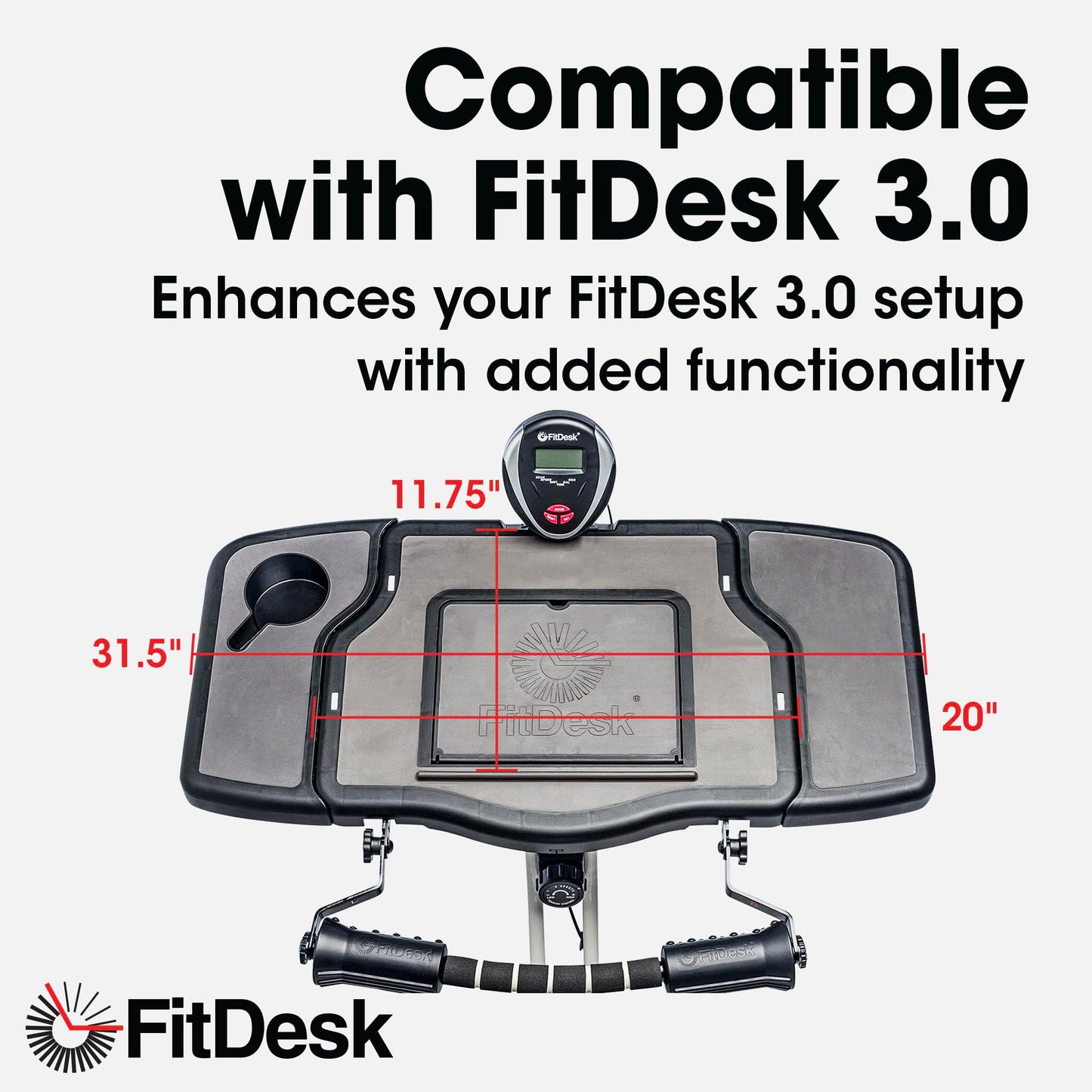 FitDesk Clamp-On Extender for 3.0 Exercise Bike & Standing Desk, Adjustable Laptop Stand, Bike Desk Attachment with Mousepad, Cup Holder & Tray, Fits Up to 17" Laptop, Treadmill Tray