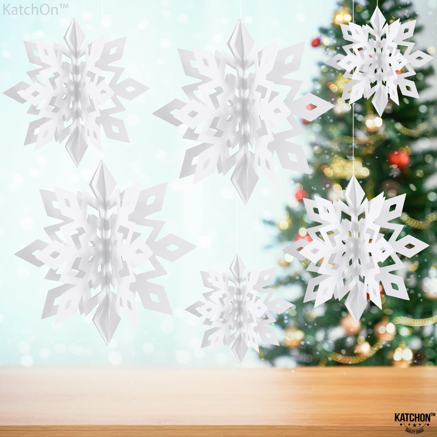 KatchOn, 3D White Hanging Snowflakes from Ceiling - Pack of 6 | Christmas Hanging Snowflake Decorations | Snowflake Garland | Paper Christmas Decor Indoor | Snowflakes for Winter Decorations