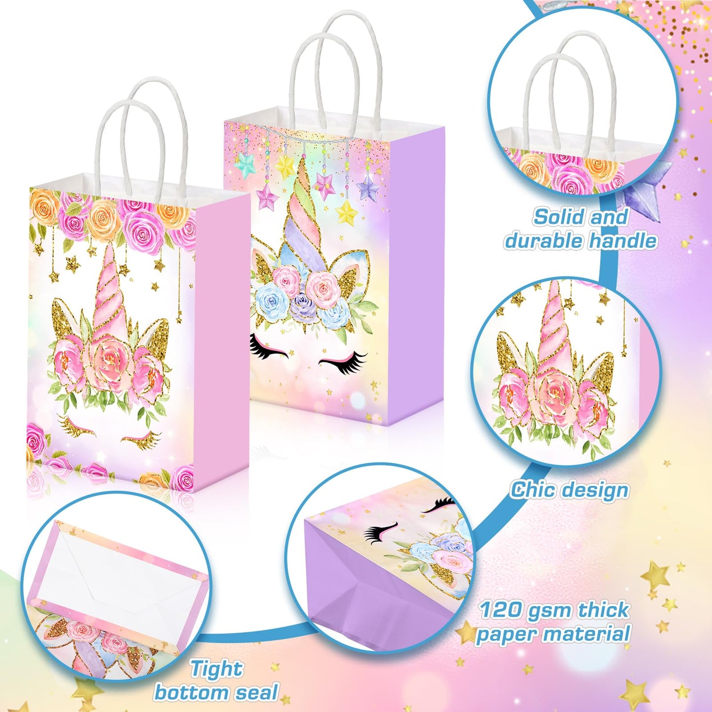 Kolldenn 48 Pcs Unicorn Party Favor Bags for Birthday Party Supplies Cute Unicorn Gift Goodie Paper Bags with Handles Rainbow Goody Treat Candy Pouch‌ for Girls Birthday Baby Shower Decorations