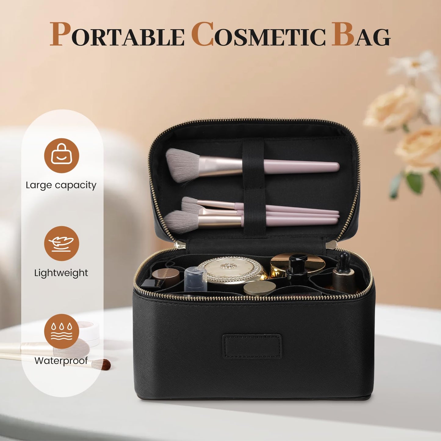 Tawd Makeup Bag Vanity Case with Removable Organizer Divider Waterproof Leather Portable Cosmetic Bag Travel Toiletry Bags Makeup Organizer Case
