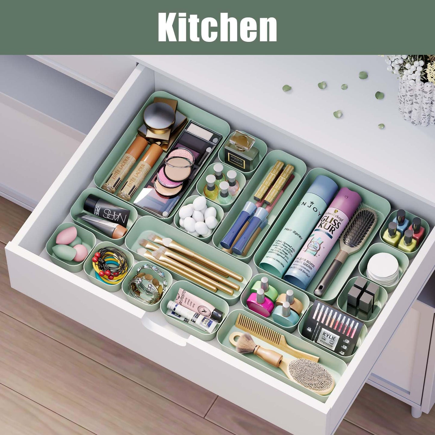 Plastic Drawer Organizers, 10 PCS Drawer Organizer Bins, Bathroom and Vanity Organizer Plastic Tray, Makeup organizer and storage for Makeup, Bedroom, Kitchen Gadgets Utensils and Office (Green)