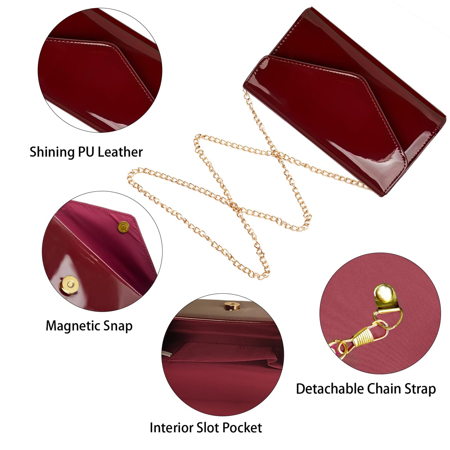 YAPAIOU Leather Envelope Evening Bag for Women Patent PU Clutch Purse for Formal Wedding Party Cocktail Prom Burgundy