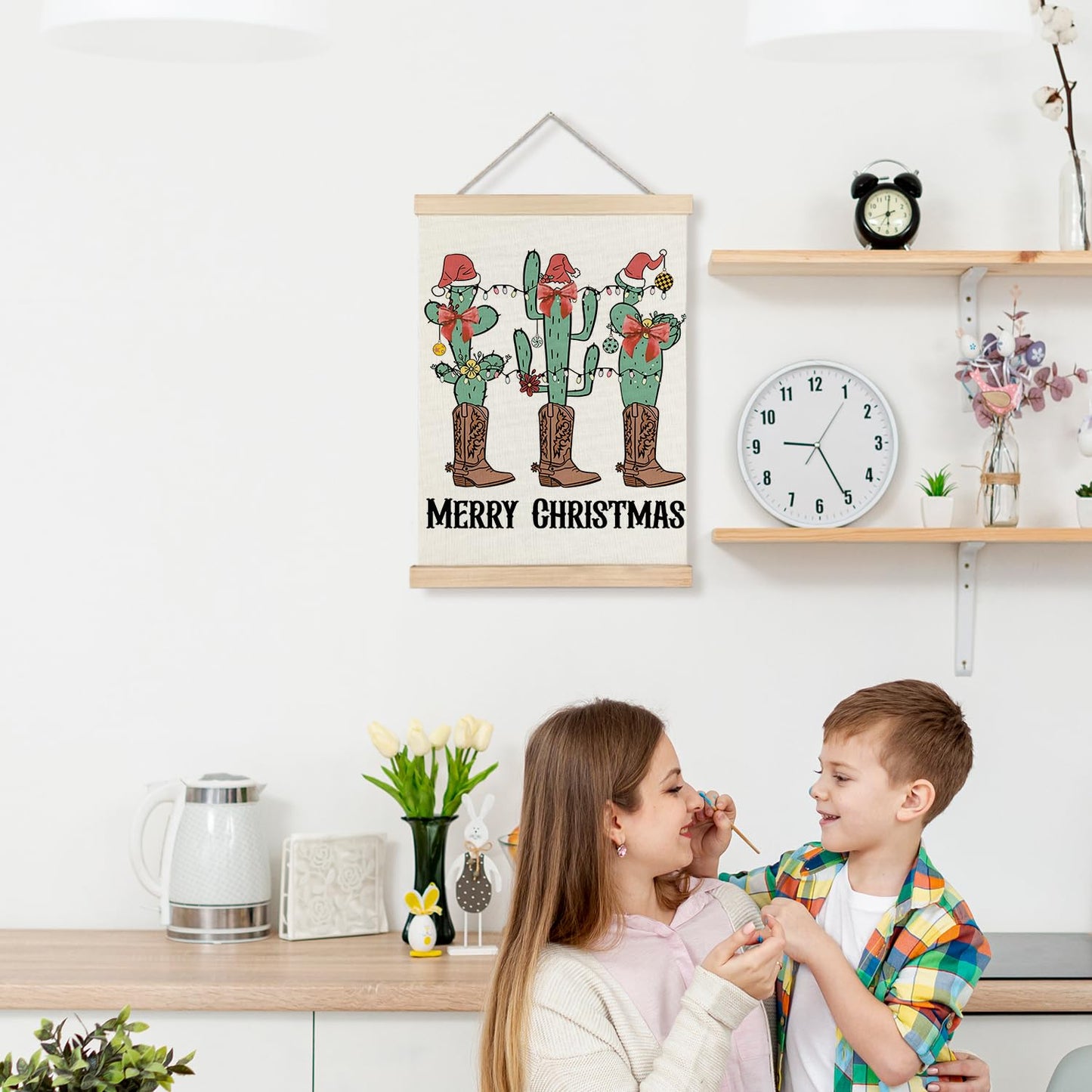 Western Christmas Wall Decor, Christmas Red Bow Cactus Cowboy Boots Wall Art With Wooden Poster Hanger, Christmas Wall Decoration, Western Christmas Wall Art Decor for Home Office, 12x16 Inch