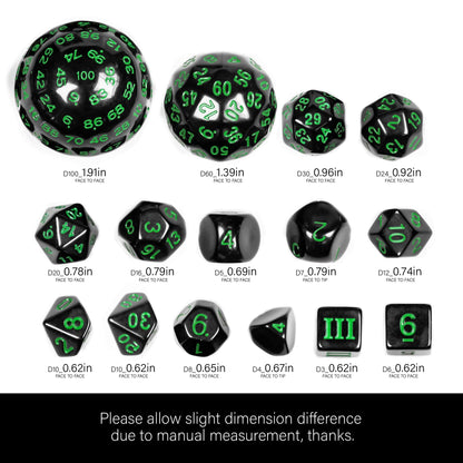 Poludie 15 Pieces Complete Polyhedral DND Dice Set D3-D100 Spherical D&D Dice Set with Dragon Eye Dice Bag, D100 Dice for Dungeons and Dragons, RPG Table Games(Black w/Green Numbers)