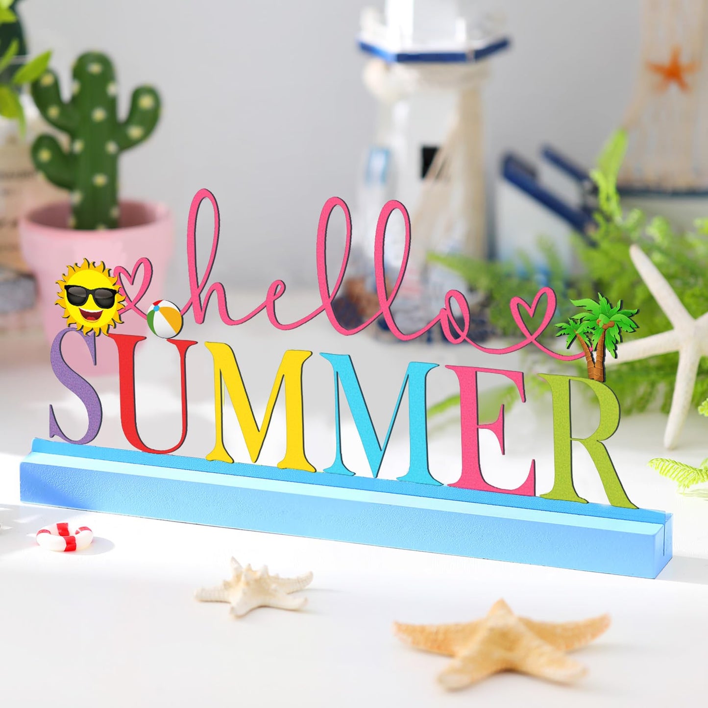 Yaocom 11.81 Inch Summer Table Sign Hello Summer Metal Letter Decor Freestanding Tabletop Decoration with Wooden Base Cutout Word Sign for Home Tiered Tray Centerpiece Mantel Shelf Fireplace