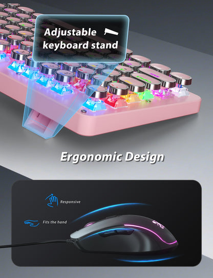 Typewriter Mechanical Gaming Keyboard and Mouse, Metal Panel Retro Keyboards with Round Keycap Blue Switch, Rainbow LED Backlit 104-Key Anti-Ghost Wired Mouse and Pad Combo for PC Laptop Mac Gamer