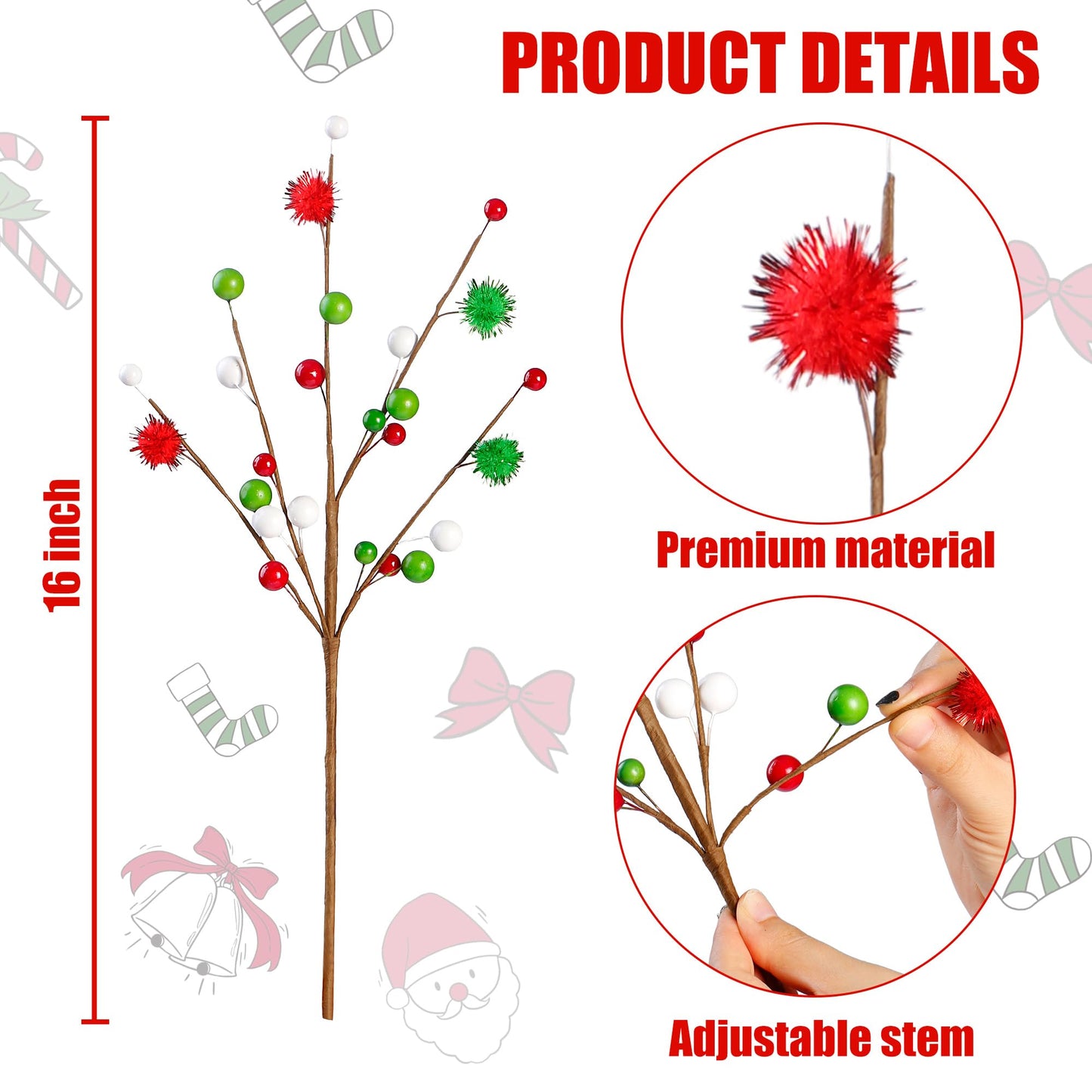 Sggvecsy 6Pcs Artificial Berry Stems 16inch Christmas Tree Picks Red Green White Berry Picks Fake Christmas Berry Branches for Floral Arrangements Christmas Tree Holiday Home Xmas DIY Crafts Decor