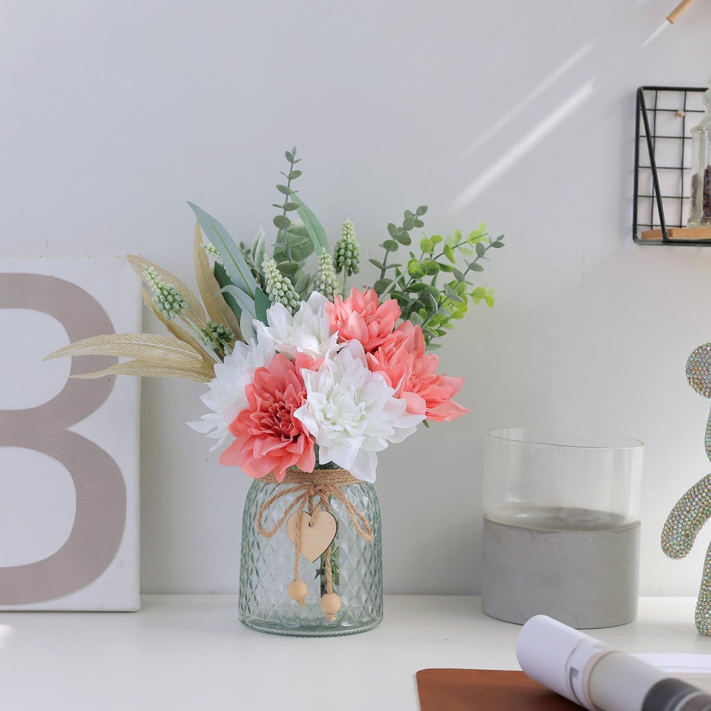 Faux Flowers with Vase,Artificial Silk Flowers in Vase, Fake Plant Eucalyptus and Willow,Flower Arrangement for Home Farmhouse Dining Table Centerpiece Decorations Coffee Table Decor (Dusty Pink)