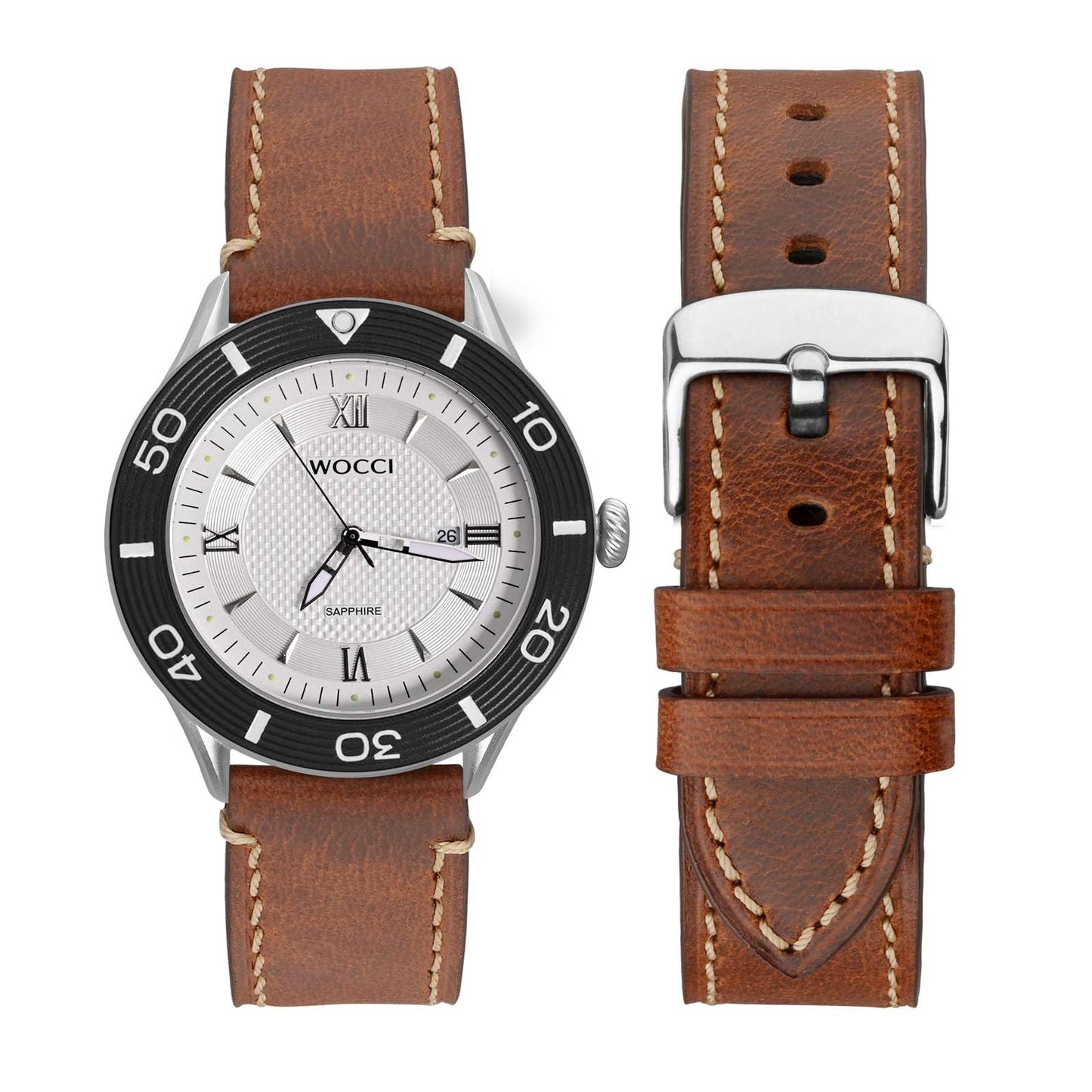 WOCCI 20mm Watch Band, Pull Up Leather, Polished Silver Buckle (Gold Brown)