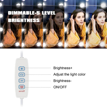 LED Vanity Mirror Lights, Hollywood Style With 14 Dimmable Bulbs, Adjustable Color & Brightness, USB Cable, Stick-on for Makeup Table Dressing Room