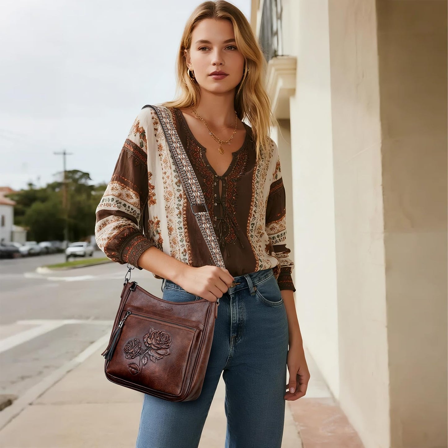VIMUTI Crossbody Bags for Women Trendy Vegan Leather Hobo Purses for Women Embossed Flower Shoulder Handbags Bucket Bag (03-Coffee)