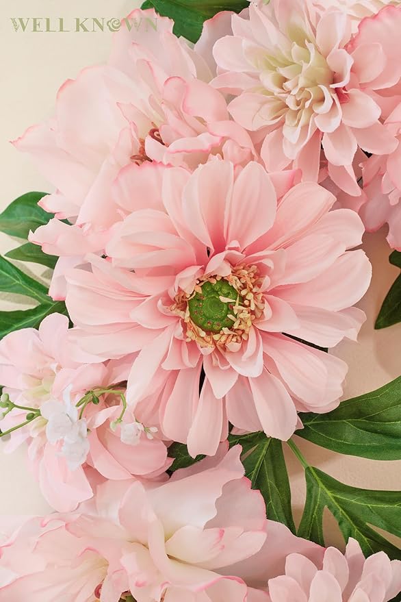 WELL KNOWN Artificial Silk Peony Flower Wreath, Fall Winter Wreaths for Front Door Porch, Wreath for Home Office Shops Wall Hanging Window Wedding Farmhouse Thanksgiving Party Decor (Blush Pink)
