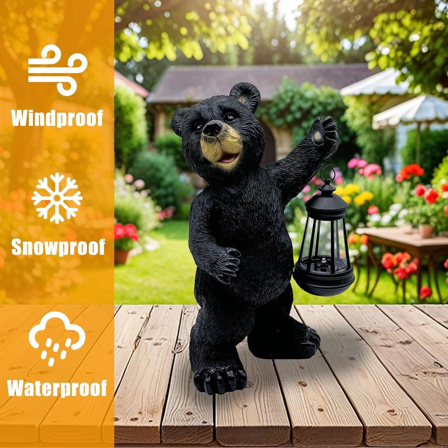 xin ming Solar Black Bear Garden Statue -14" ResinFigurine with Solar LED Lantern, Auto On/OffWaterproof Decor, Dual Use Indoor OutdoorLight for Patio Yard Porch