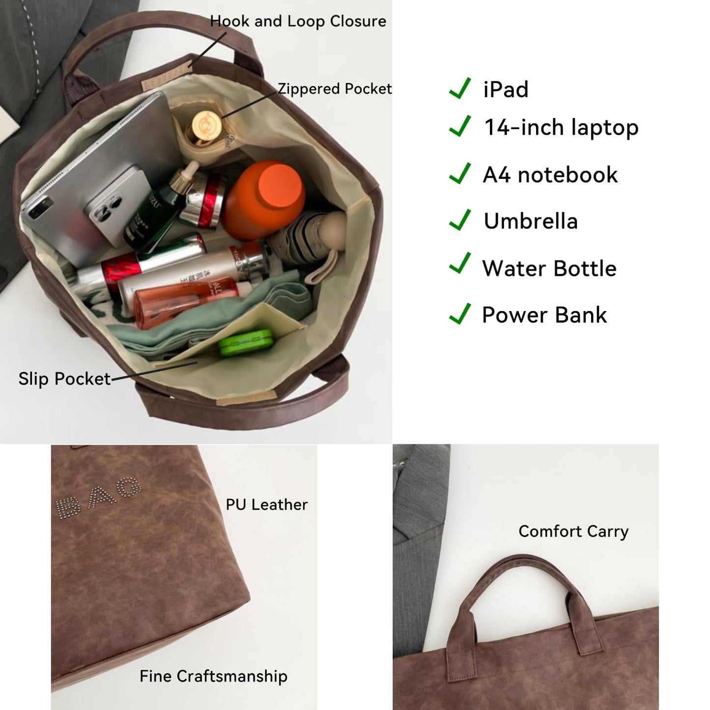 QCXBD Large Tote Bag for Women PU Leather Tote Purse for Work Travel Hobo Bag Vegan Leather Handbag (Coffee Brown_1)