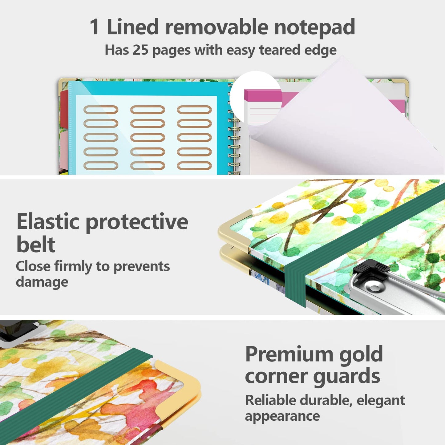 Clipboard Folio with Notepad for Letter Size (11" x 8.5"), 5 Extra Folders with Storage 10 Pockets, 39 File Folder Labels, Elastic Closure Spiral Clipboard with Storage(Tree Seasons)