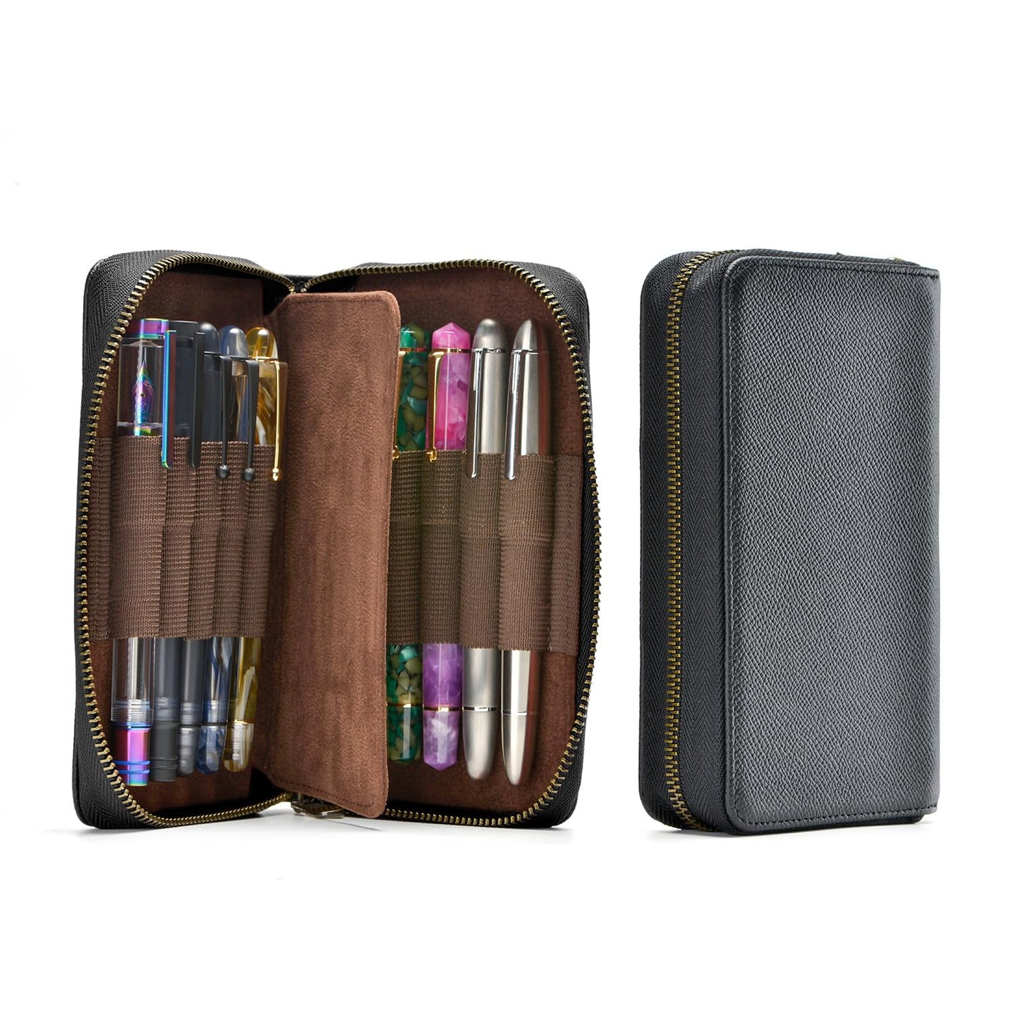 Fountain Pen Case Genuine Leather Pen Case 10 Divided Slots Black, Rollerball Pen Holder Handmade Display Organizer Zippered Pouch