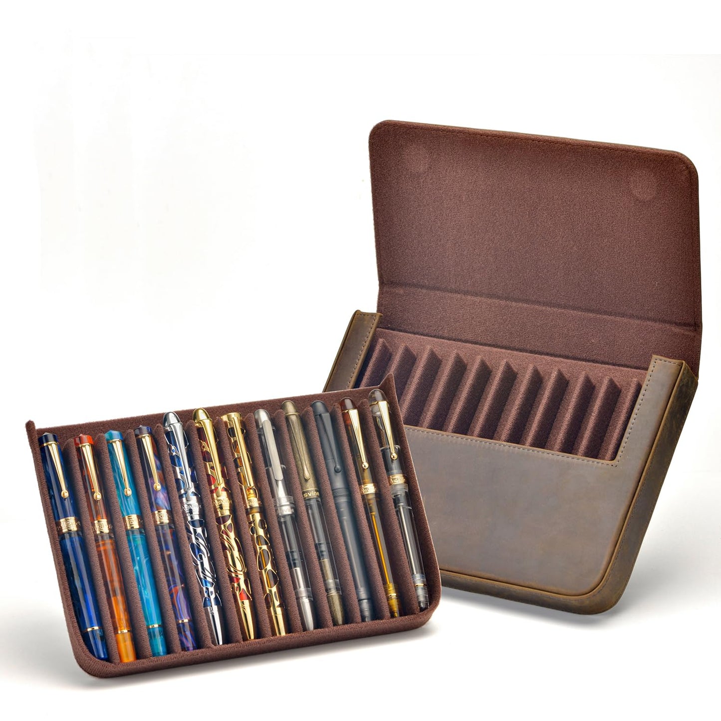 Lanxivi 12 Fountain Pen Case Genuine Leather Organizer, Crazy Horse Cowhide Leather Portable Pen Bag Pouch Drawer Style
