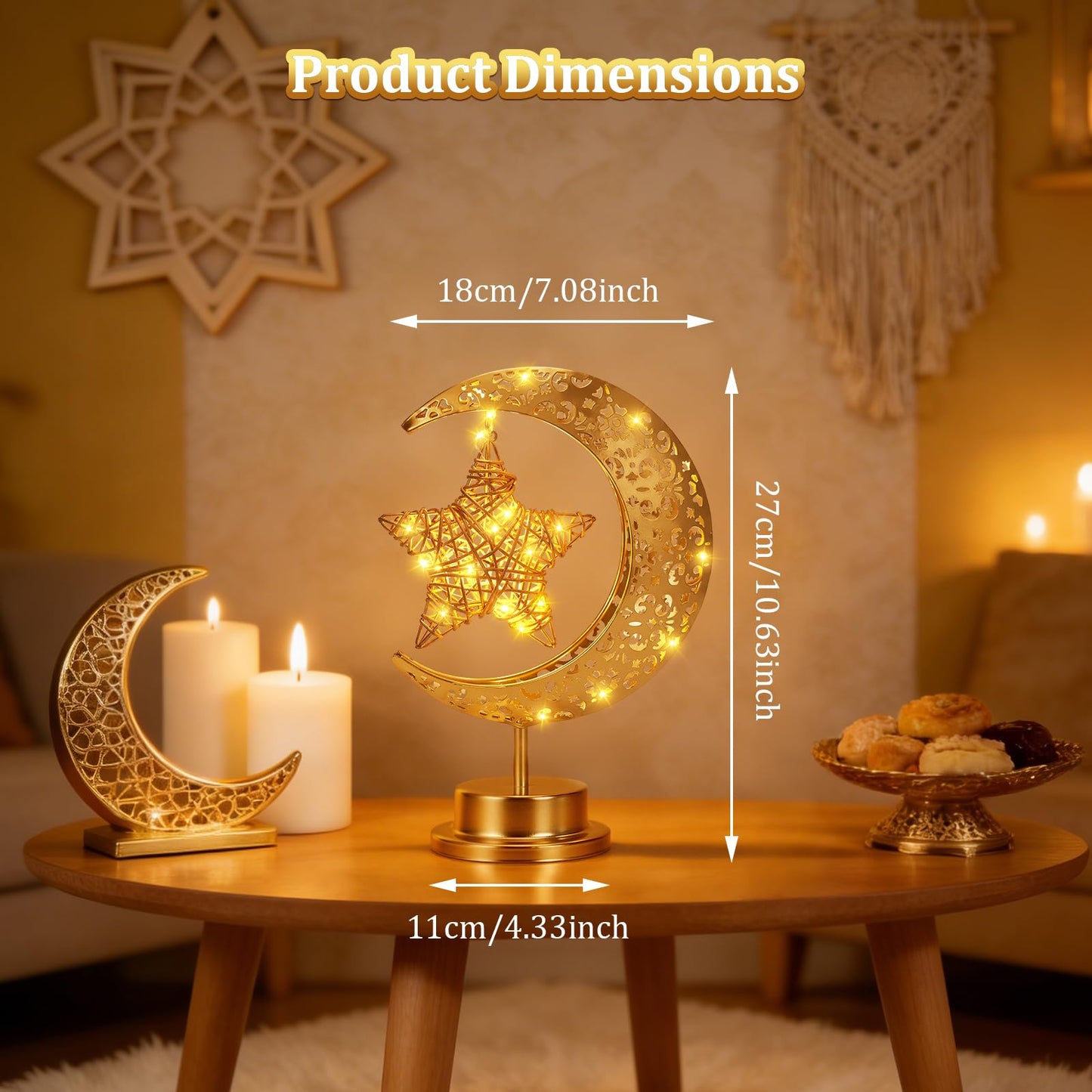 Half Moon Light Metal Ramadan Star Decorative Lamp - Battery Operated, Eid Decorations, Moon Night Light for Kids