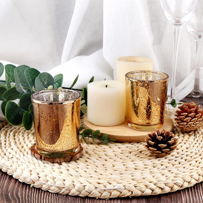 BTGLLAS 72pcs Gold Glass Tea Light Holders - Votive Candle Holders Bulk for Weddings Events - Glass Votives for Wedding Centerpieces, Christmas, Thanksgiving - Candle Accessories Decor (72, Gold)
