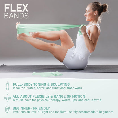 PhysKcal Pilates Ring Set, 15-Inch Magic Circle with 1x Core Ball, 3X Resistant Loop and 2X Flex Band, Mat Pilates at Home Essential Kit (Soft Mint)