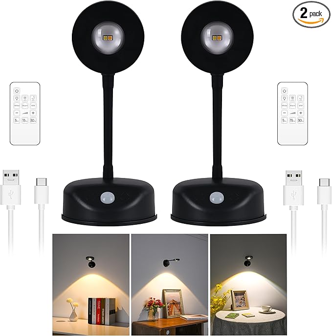 2200mAh Motion Sensor Picture Light, Spotlight Painting, LED Wall Sconce, Night Light Lamp, Rechargeable Battery Operated 3 Color & Dimmable Magnetic 360° Rotation with Remote (Black, 2 Pcs)