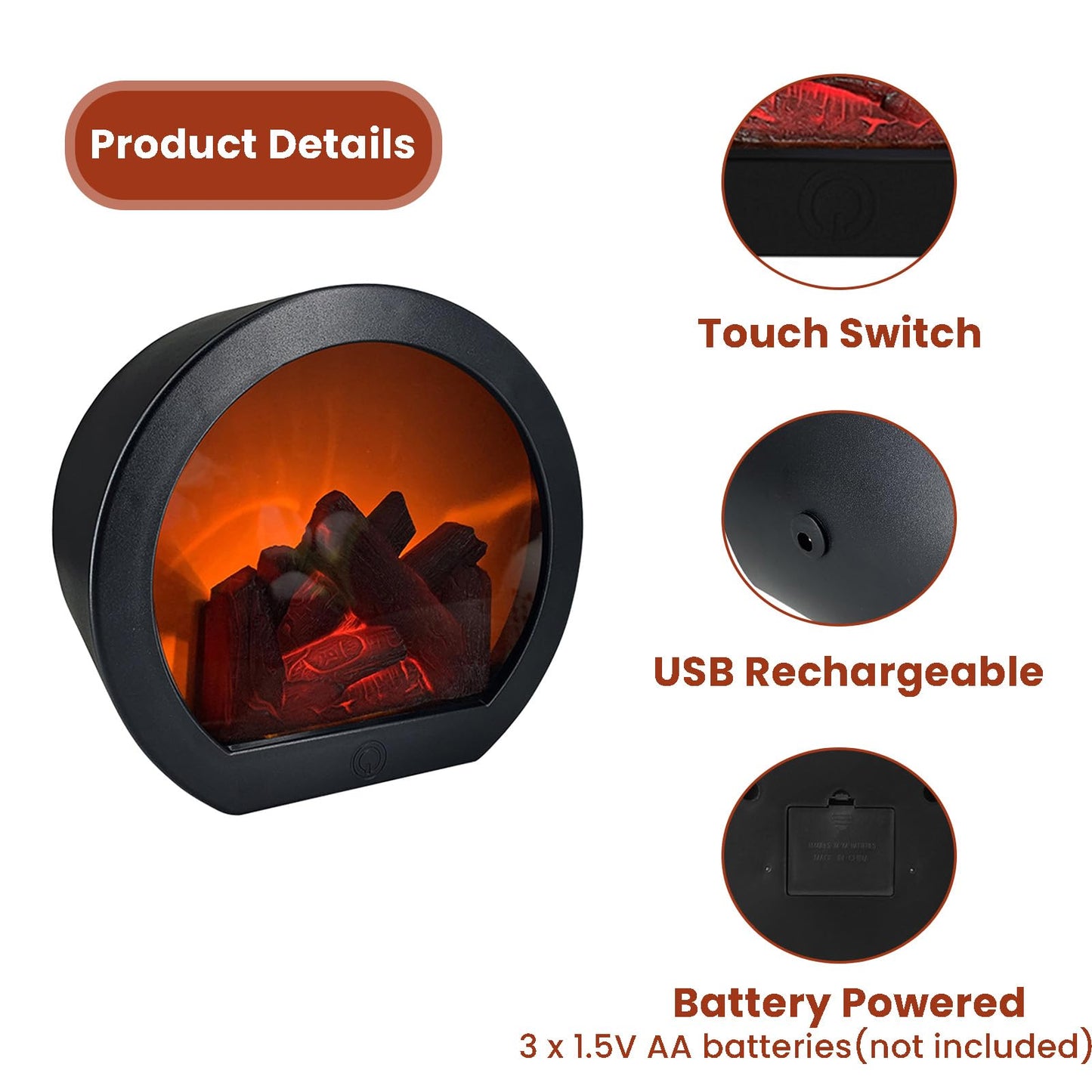 Ragyzity Decorative Flameless Portable LED Lanterns, Fireplace Light with LED Simulation Log Flame Effect, Touch Switch Simulation Flame for Home Christmas Decor