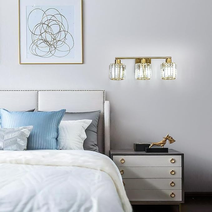 3 Lights Bathroom Vanity Light Fixtures, Modern Crystal Wall Lighting Fixtures, Wall Sconces, Wall Lamp for Over Mirror, for Bedroom Living Room Hallway