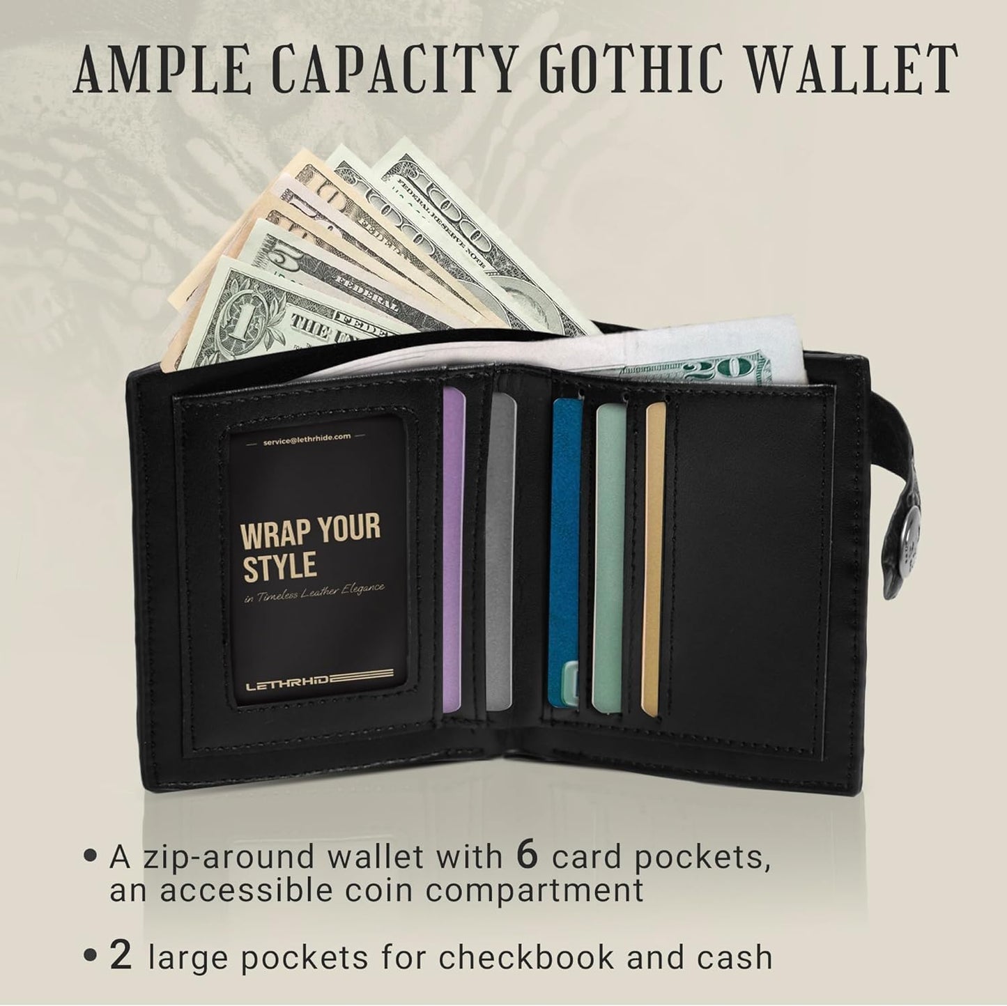 ZEKEE Skull Gothic Chain Wallet Leather - Punk Bifold Halloween Goth Accessories | Unisex, Black