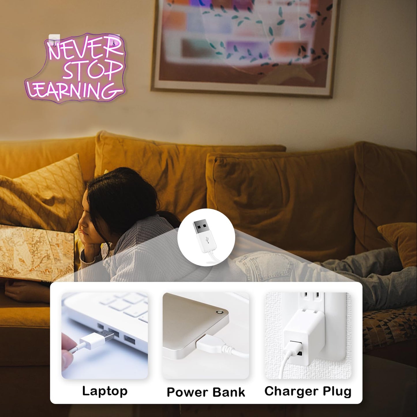 Looklight Never Stop Learning Neon Sign,Purple LED Wall Neon Light,Letters Neon Light Sign for Wall Decor,USB Light Up Signs for Home Offices,Study Rooms,Classrooms,Libraries,Creative Workspaces