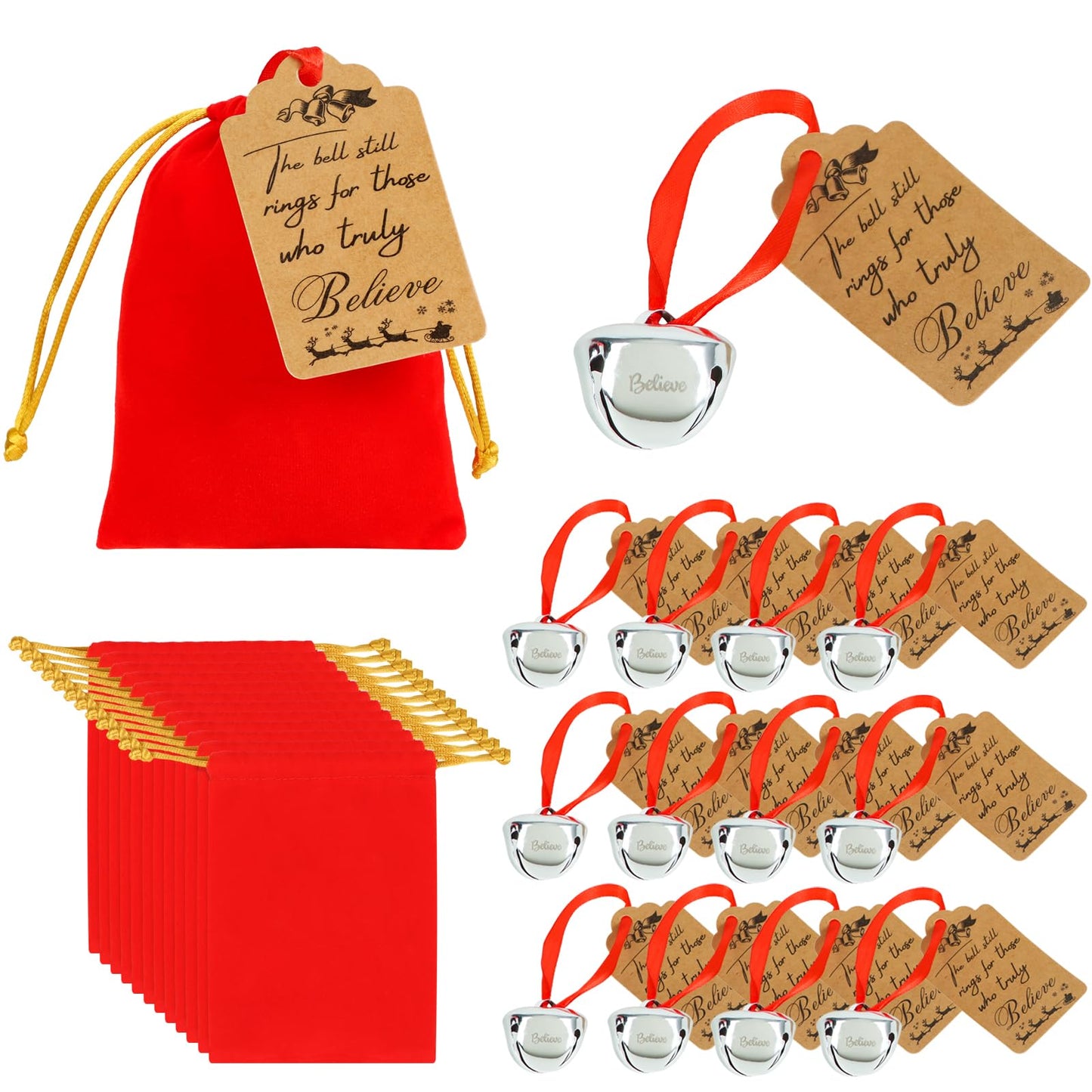 Bylion 12 Sets Christmas Polar Santa Sleigh Bell Set with Reindeer Bell, Red Velvet Bag with Golden Drawstring for Tree Home Decor Keepsake Gifts